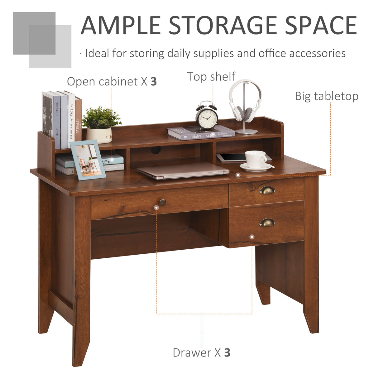 Study Table with Storage Hutch, Drawers, Shelf, Home Office Writing Table Study Workstation with Cable Management, Brown