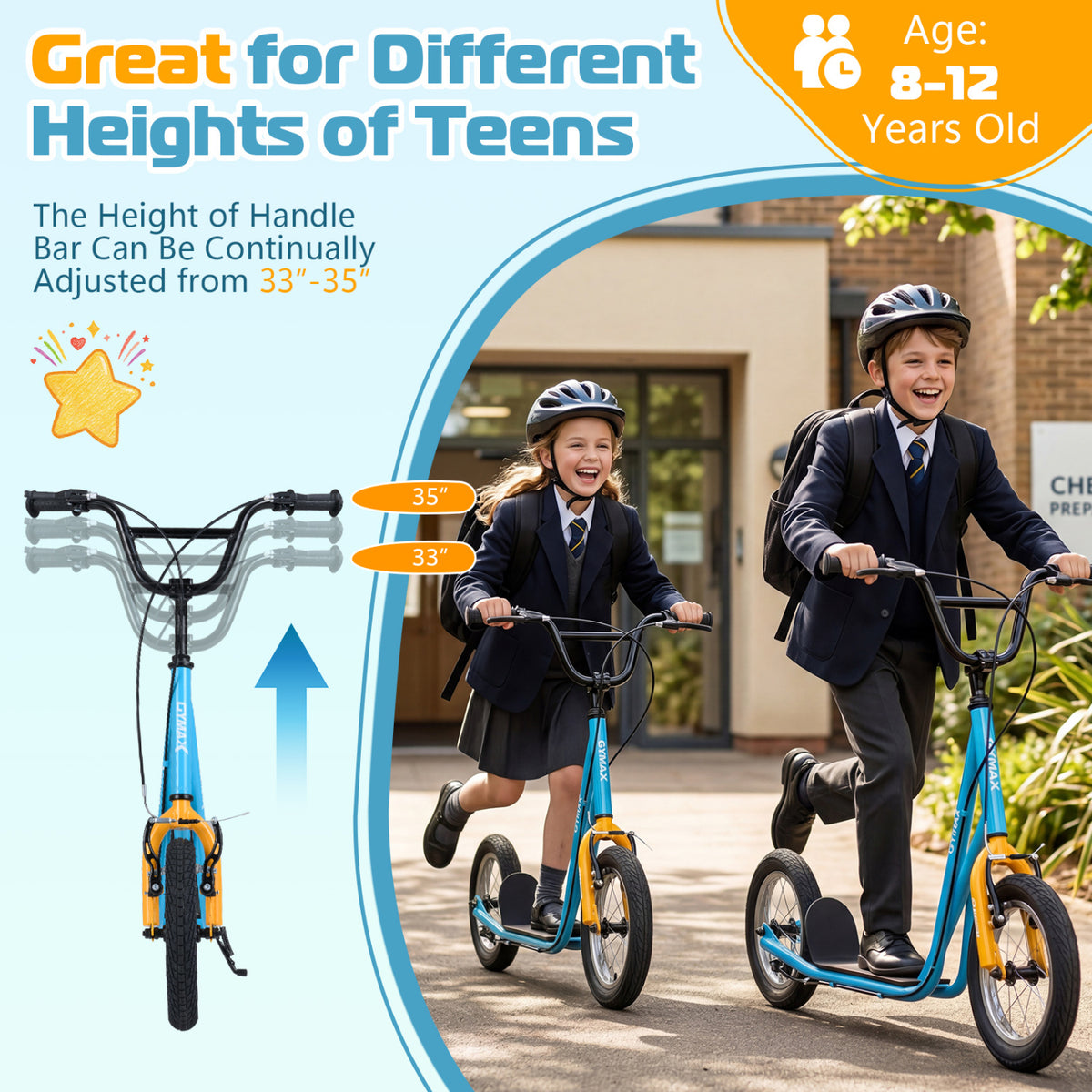 Height Adjustable Kid Kick Scooter with 12 Inch Air Filled Wheel-Blue view 7