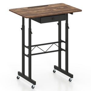 Height Adjustable Laptop Desk with Fabric Drawer Tablet Holder and Lockable Wheels-Rustic Brown