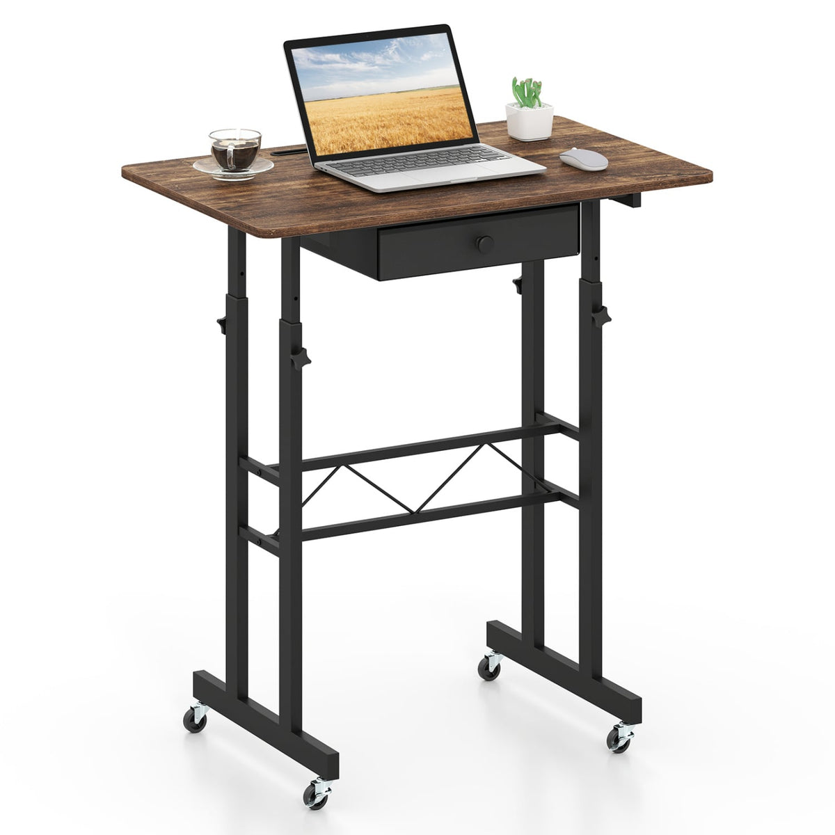 Height Adjustable Laptop Desk with Fabric Drawer Tablet Holder and Lockable Wheels-Rustic Brown view 4