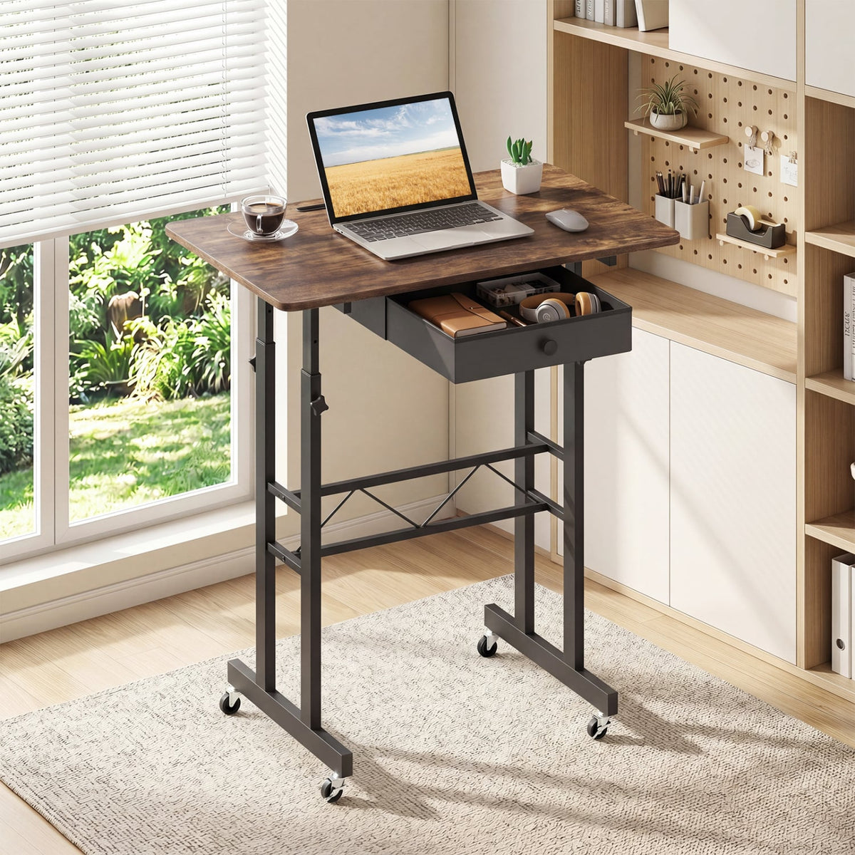 Height Adjustable Laptop Desk with Fabric Drawer Tablet Holder and Lockable Wheels-Rustic Brown view 2