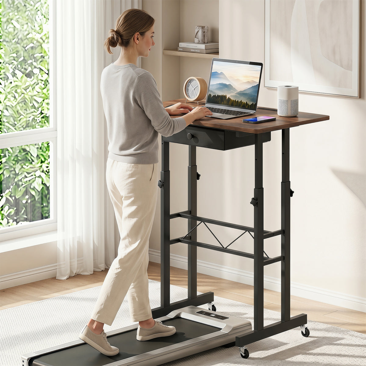 Height Adjustable Laptop Desk with Fabric Drawer Tablet Holder and Lockable Wheels-Rustic Brown view 6