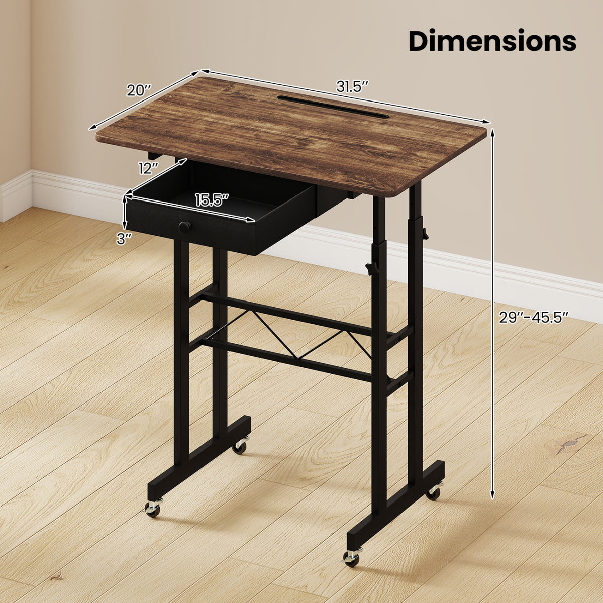 Height Adjustable Laptop Desk with Fabric Drawer Tablet Holder and Lockable Wheels-Rustic Brown view 5