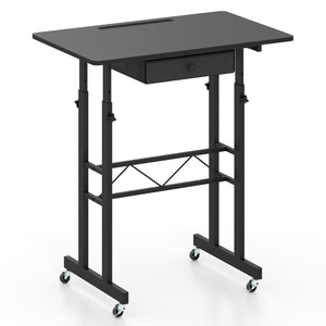 Height Adjustable Laptop Desk with Fabric Drawer Tablet Holder and Lockable Wheels-Black