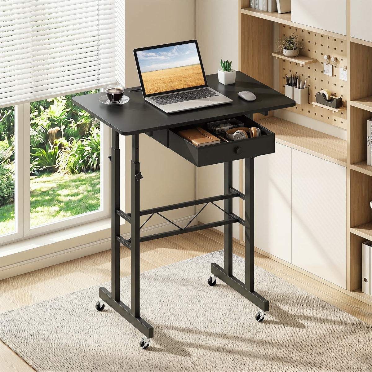 Height Adjustable Laptop Desk with Fabric Drawer Tablet Holder and Lockable Wheels-Black view 2