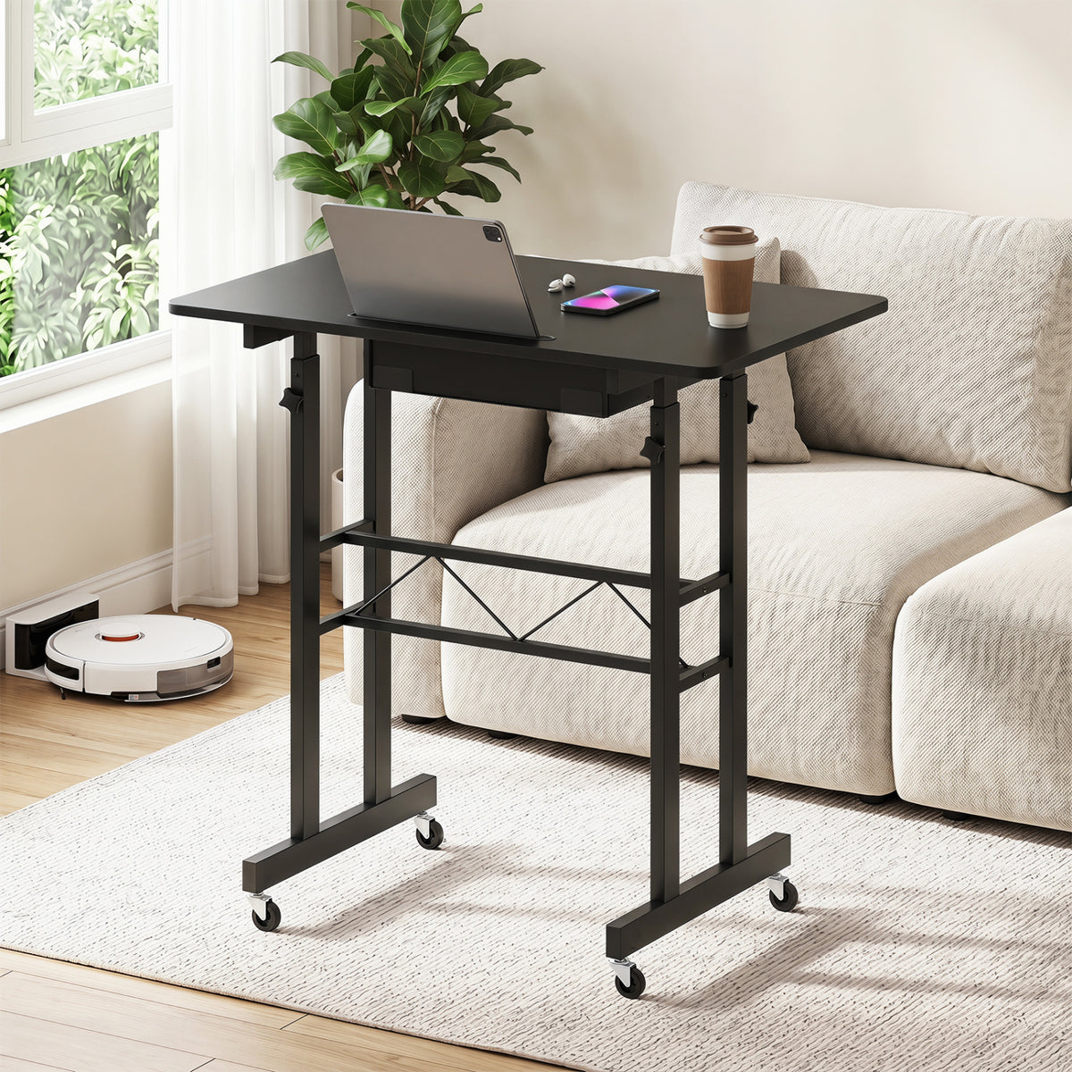 Height Adjustable Laptop Desk with Fabric Drawer Tablet Holder and Lockable Wheels-Black view 3