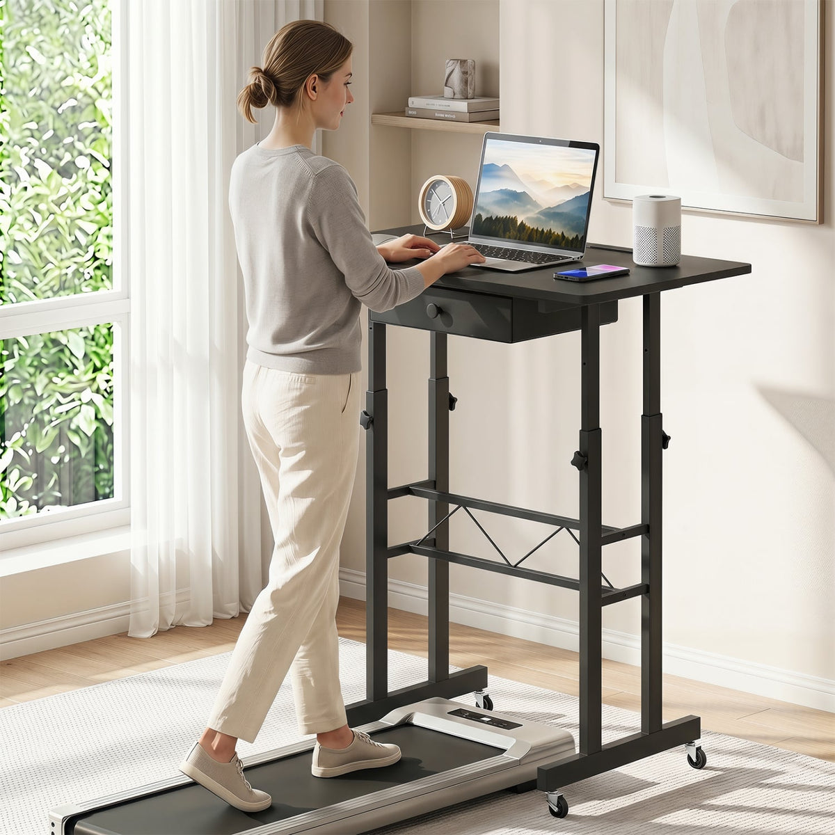Height Adjustable Laptop Desk with Fabric Drawer Tablet Holder and Lockable Wheels-Black view 6