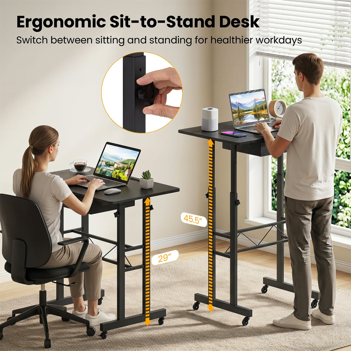 Height Adjustable Laptop Desk with Fabric Drawer Tablet Holder and Lockable Wheels-Black view 7