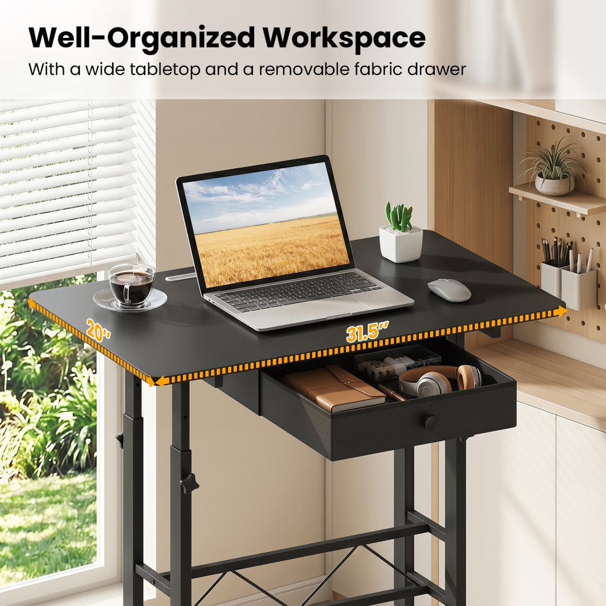 Height Adjustable Laptop Desk with Fabric Drawer Tablet Holder and Lockable Wheels-Black view 8