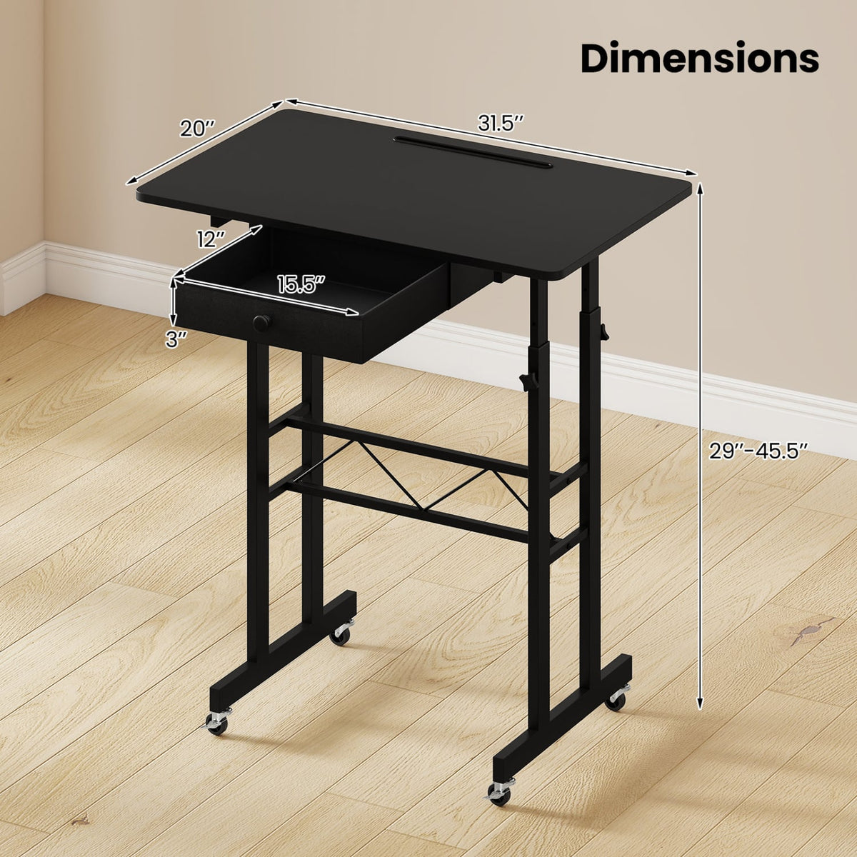 Height Adjustable Laptop Desk with Fabric Drawer Tablet Holder and Lockable Wheels-Black view 5