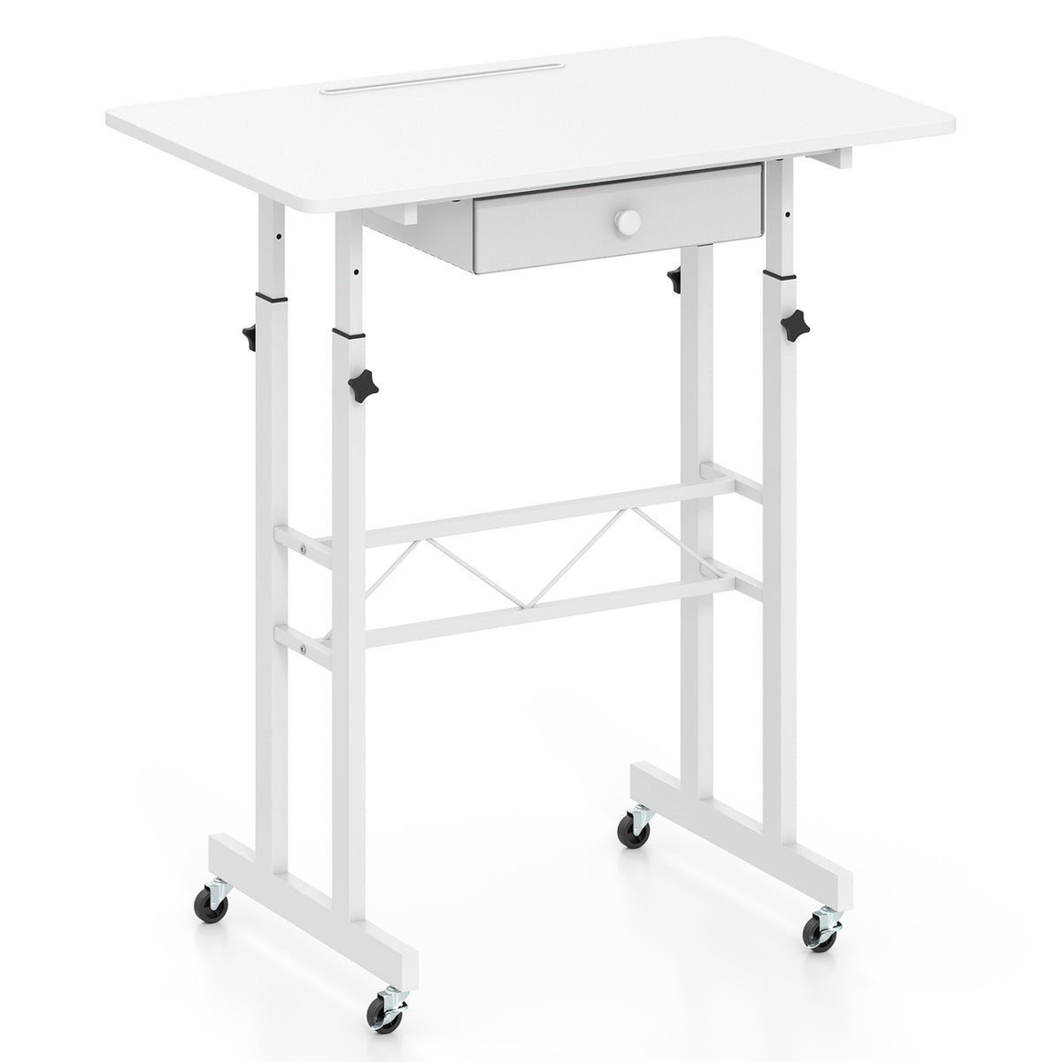 Height Adjustable Laptop Desk with Fabric Drawer Tablet Holder and Lockable Wheels-White