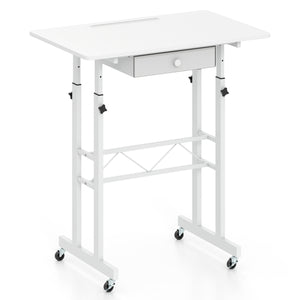 Height Adjustable Laptop Desk with Fabric Drawer Tablet Holder and Lockable Wheels-White