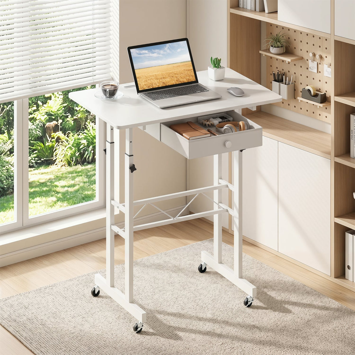 Height Adjustable Laptop Desk with Fabric Drawer Tablet Holder and Lockable Wheels-White view 2