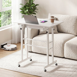 Height Adjustable Laptop Desk with Fabric Drawer Tablet Holder and Lockable Wheels-White view 3