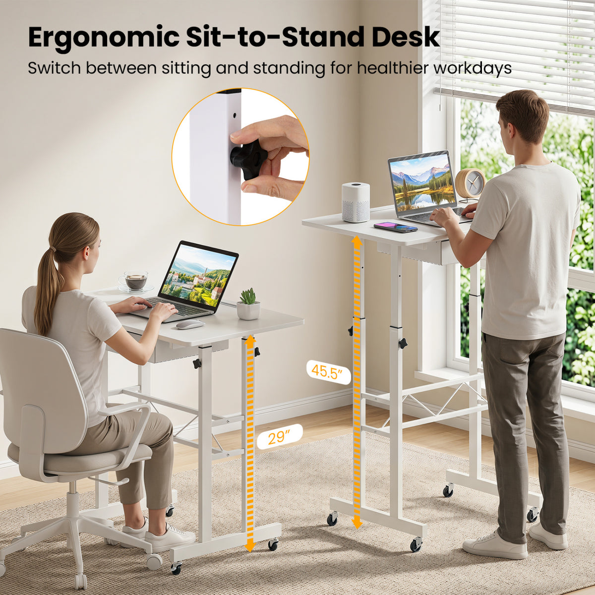 Height Adjustable Laptop Desk with Fabric Drawer Tablet Holder and Lockable Wheels-White view 7