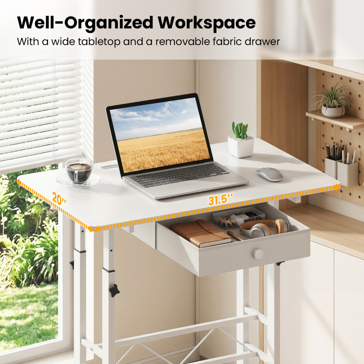 Height Adjustable Laptop Desk with Fabric Drawer Tablet Holder and Lockable Wheels-White view 8