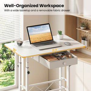 Height Adjustable Laptop Desk with Fabric Drawer Tablet Holder and Lockable Wheels-White view 8