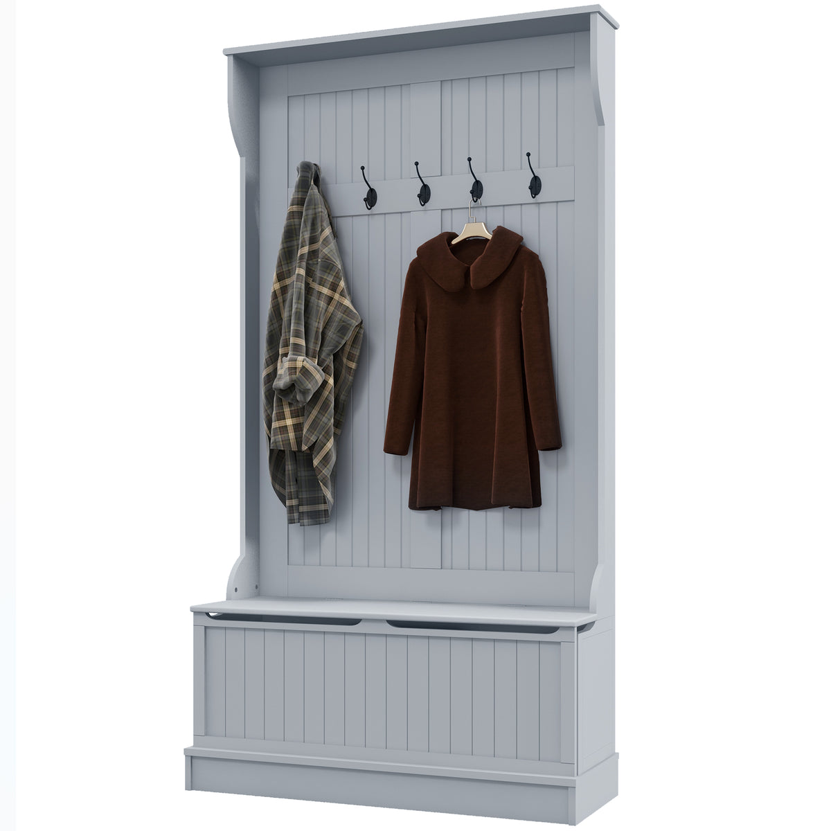 3-In-1 Hall Tree w/ Coat Rack, Shoe Storage and Bench Seat, Entryway Bench w/ 4 Hooks for Hallway, Living Room, White