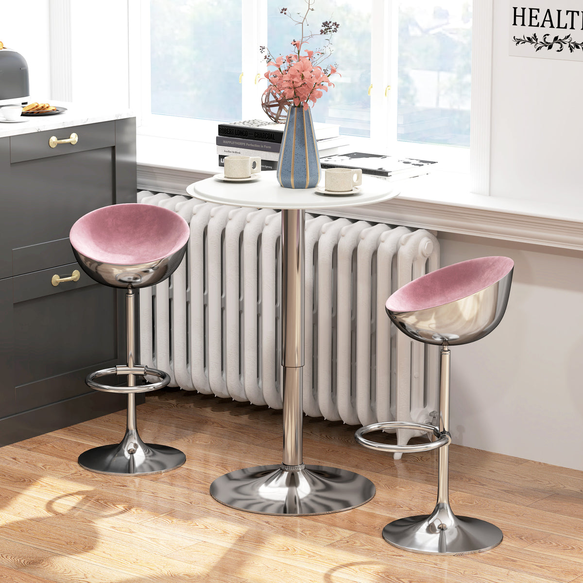 Modern Round Bar Table Adjustment Height Home Pub Bistro Desk Faux Leather Covered Wooden Top Chrome Base – view 14