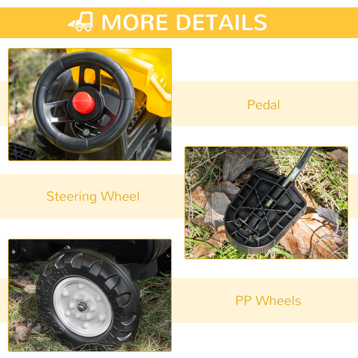 Aosom Ride on Tractor for Kids, Pedal Construction Car with Manual Control Bucket for 3 Years Old, Yellow