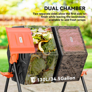Rotating Composter, Dual Chamber Compost Bin with 24 Vents and Steel Legs, 34.5 Gallon, Brown