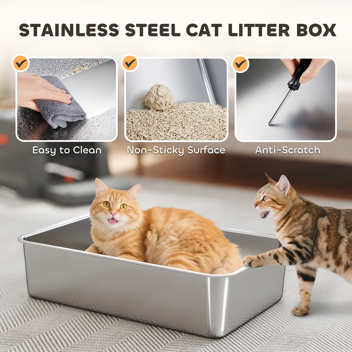 XL Stainless Steel Cat Litter Box, 80L Kitty Litter Box with Front/Top Entry, Trapping Step, Scoop, for Large Big Cats