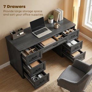 55" Computer Desk with 7 Drawers, Farmhouse Executive Desk for Home Office, Study, Bedroom, Black Wood Grain – view 3