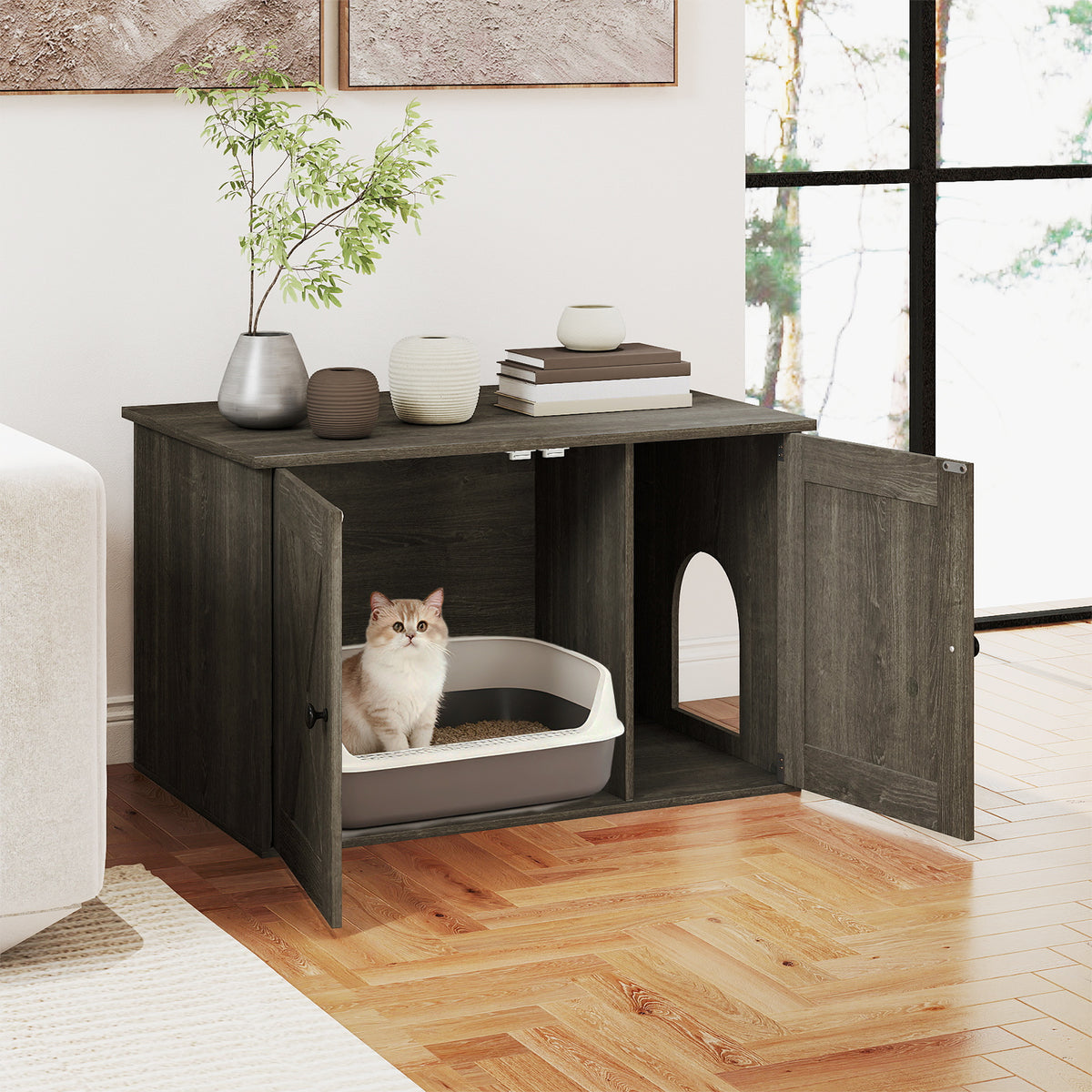 Hidden Cat Litter Box Enclosure Furniture with Divider-Oak view 2