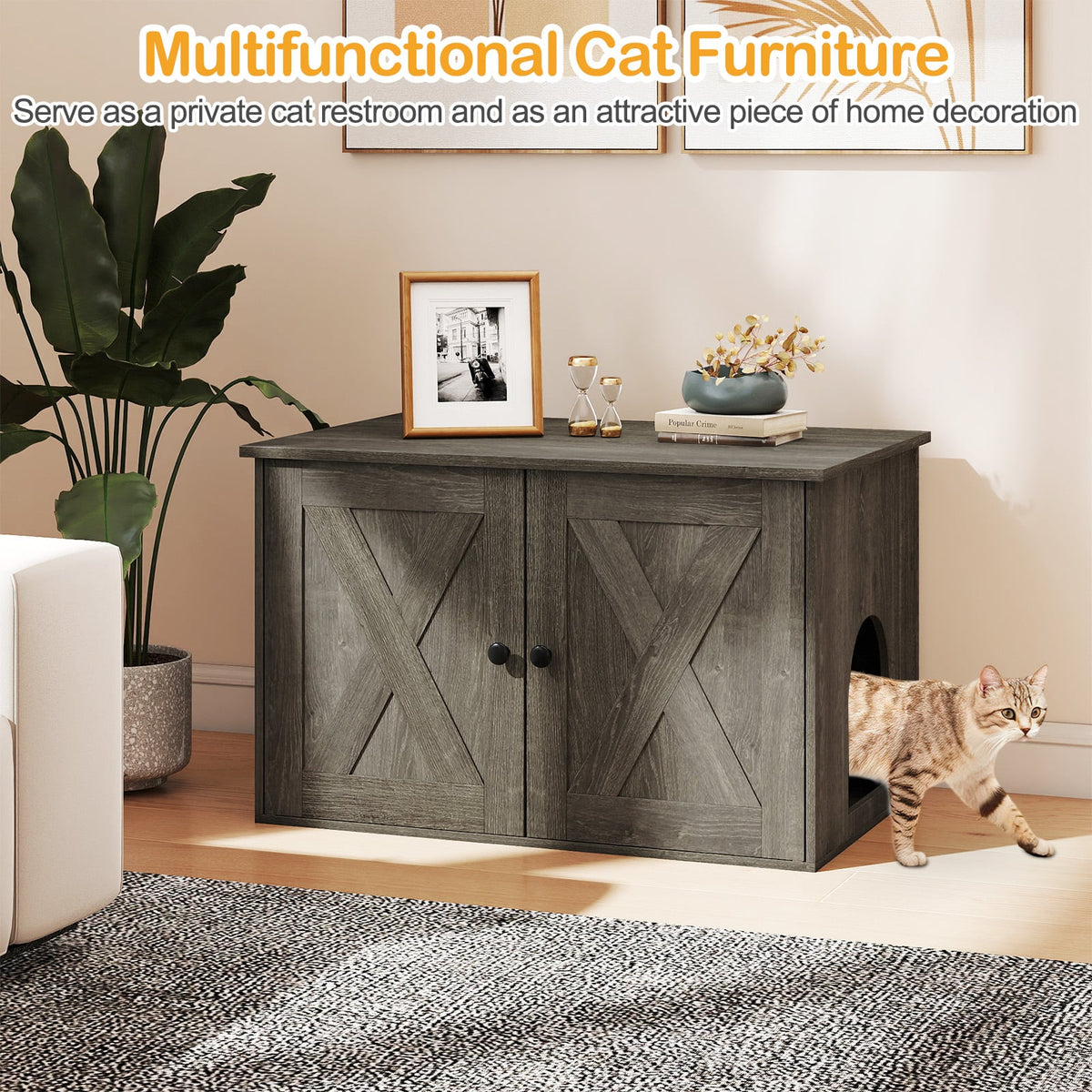 Hidden Cat Litter Box Enclosure Furniture with Divider-Oak view 7