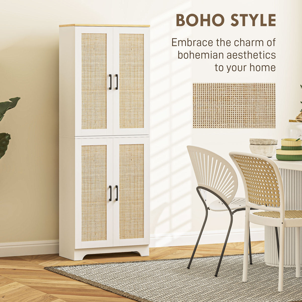 67" Tall Kitchen Pantry, Freestanding Kitchen Storage Cabinet with 4 Rattan Doors and Adjustable Shelves – view 13
