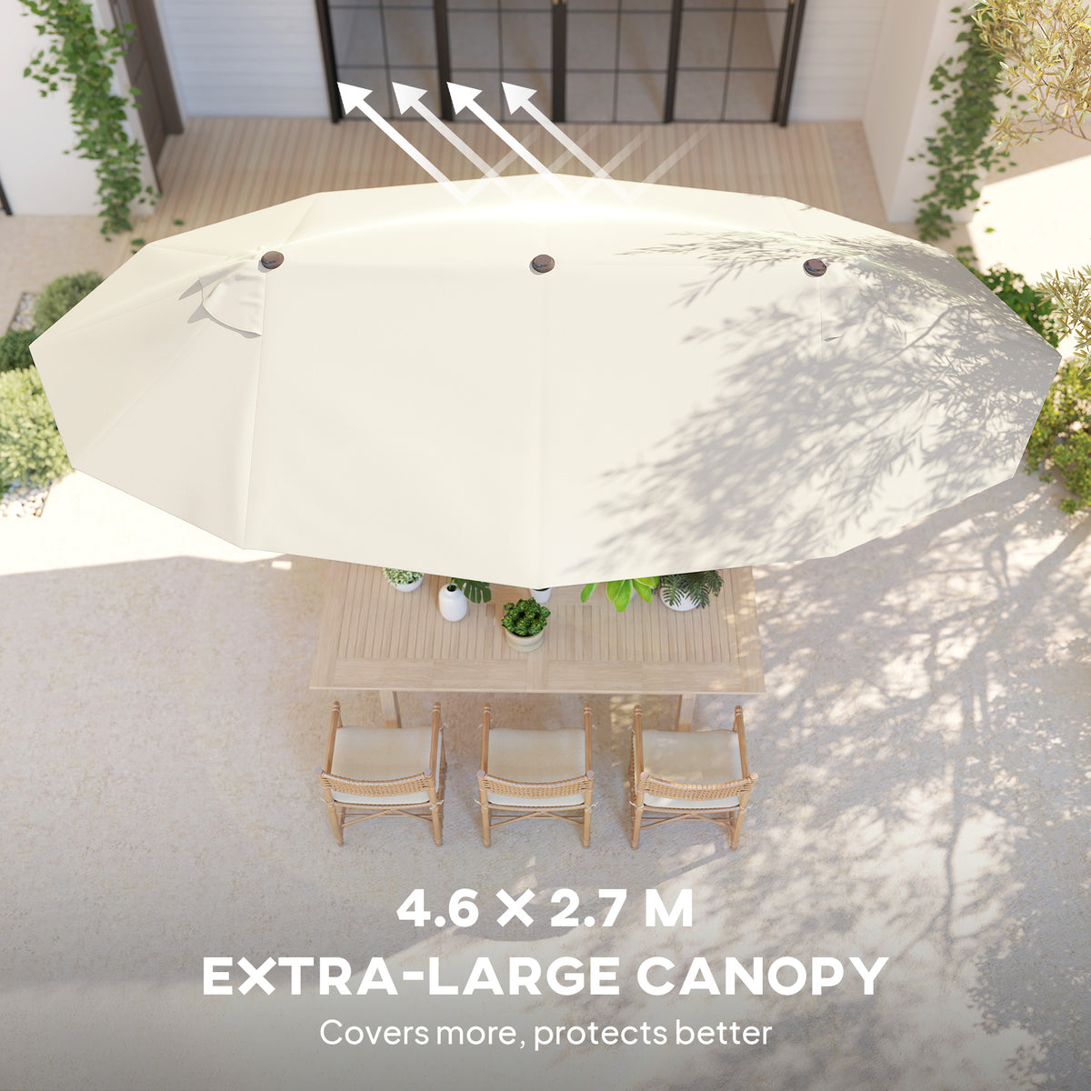 15' Outdoor Patio Umbrella with Twin Canopy Sunshade Steel Table Umbrella with Lift Crank Beige