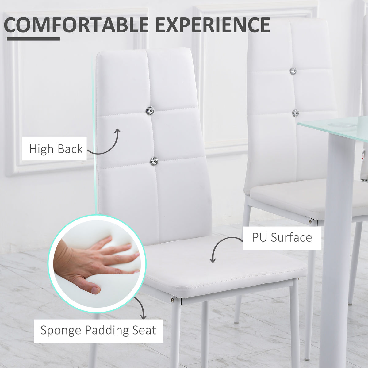 Set of 4 Modern Style Dining Chairs, Button Tufted High Back Side Chairs with Upholstered Seat, Steel Legs, White