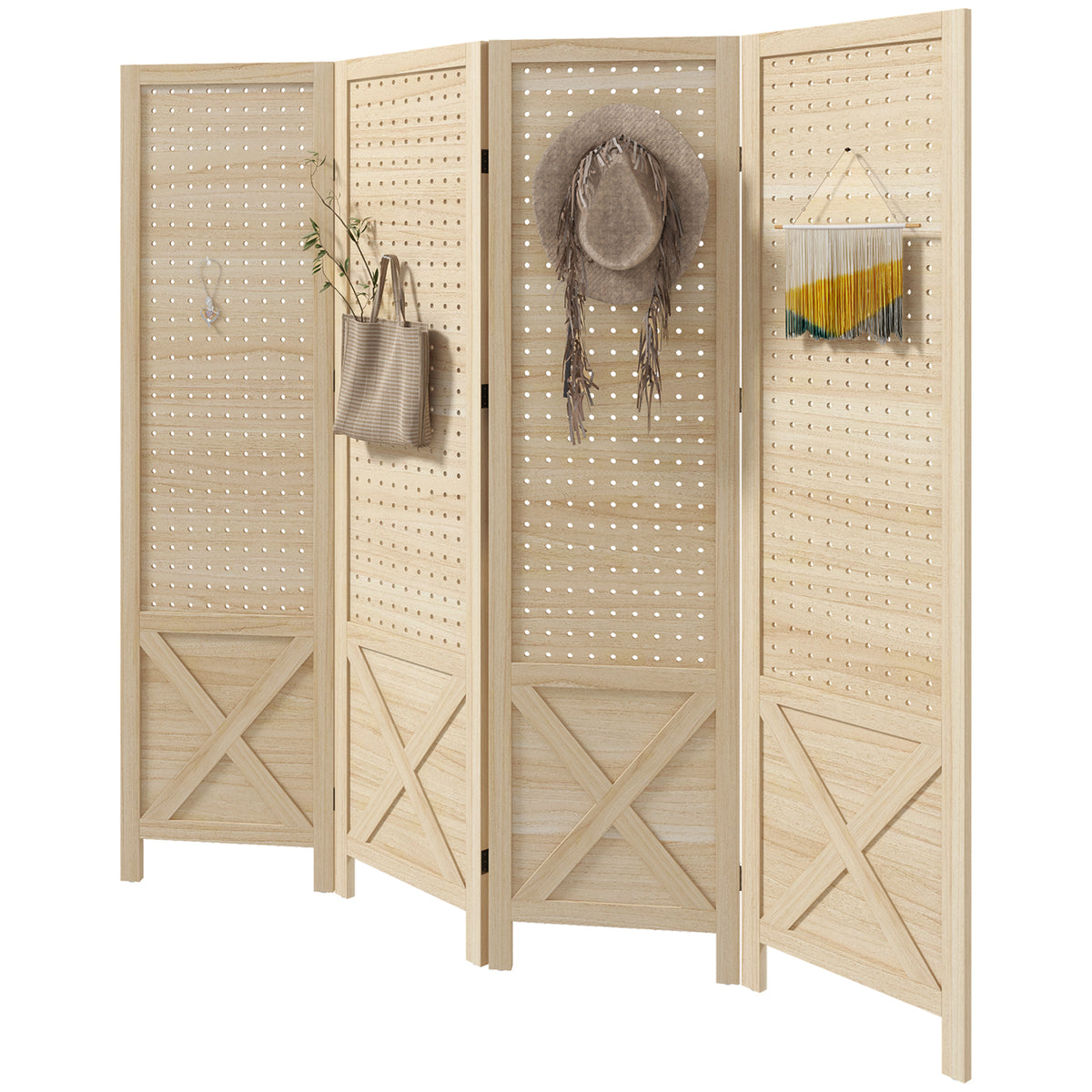4.7' 3 Panel Wooden Room Divider with Pegboard Display, Folding Privacy Screen for Home Office, Natural – view 15