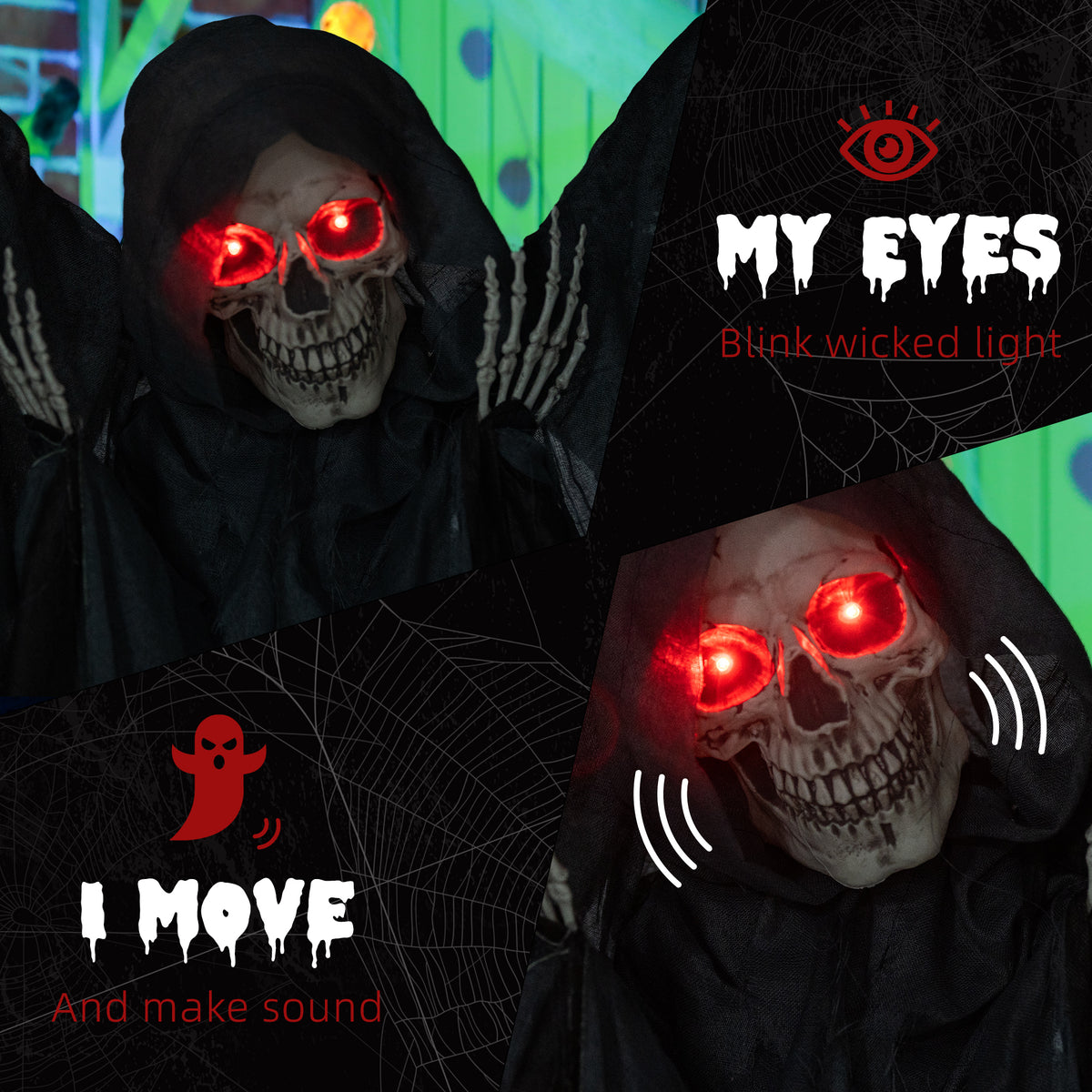 6.4' Life Size Winged Grim Reaper Outdoor Halloween Decoration Animatronic, Animated Prop w/ Light Up Eyes