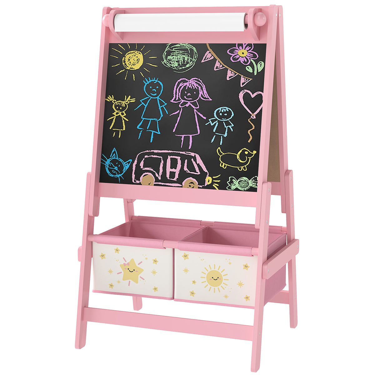 Qaba Art Easel for Kids, Double-Sided Whiteboard & Chalkboard with Paper Roll, 2 Storage Boxes, Gift for Boys, Girls