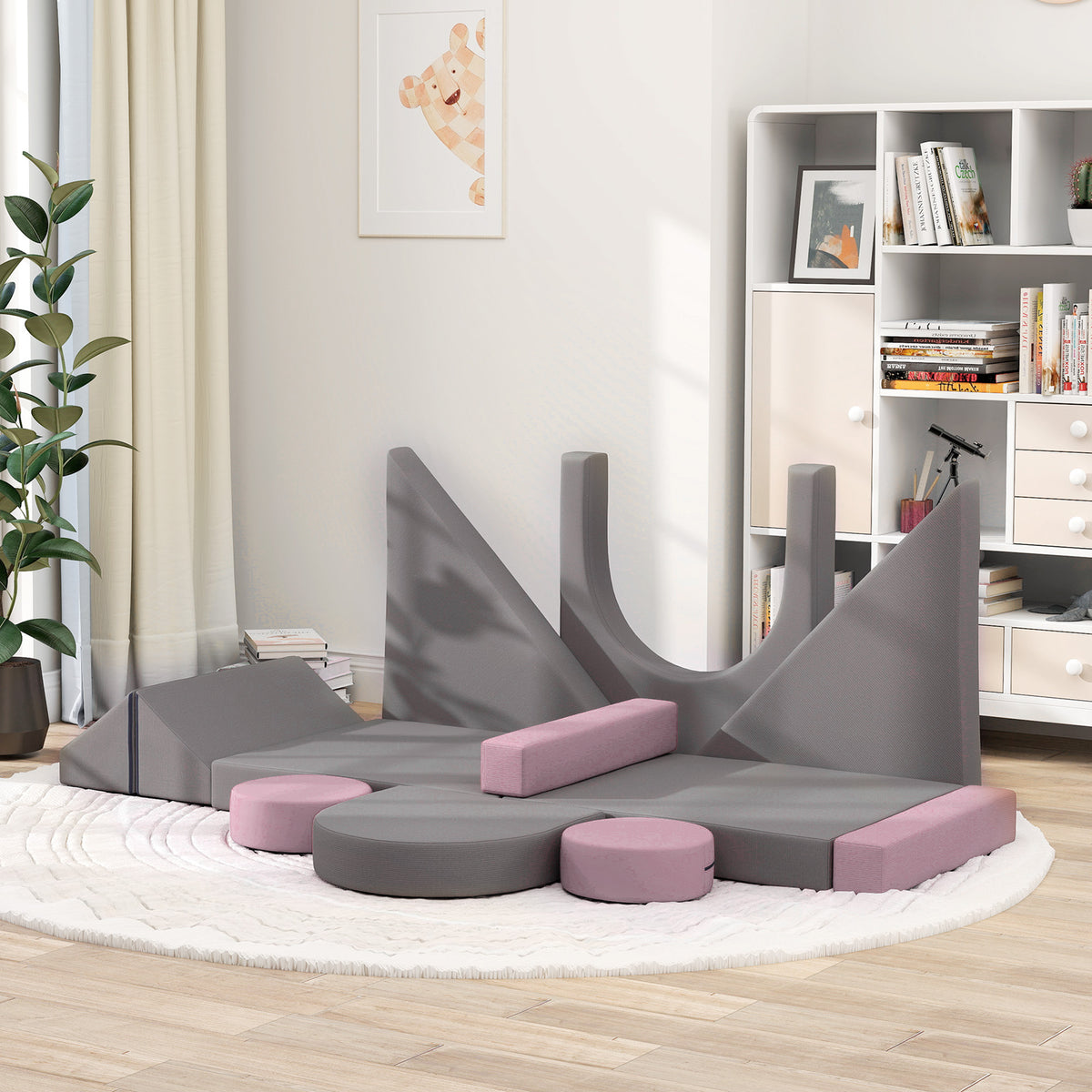 Qaba 12-Piece Modular Kids Play Couch Building Fort for Playroom Bedroom, Convertible Kids Sofa