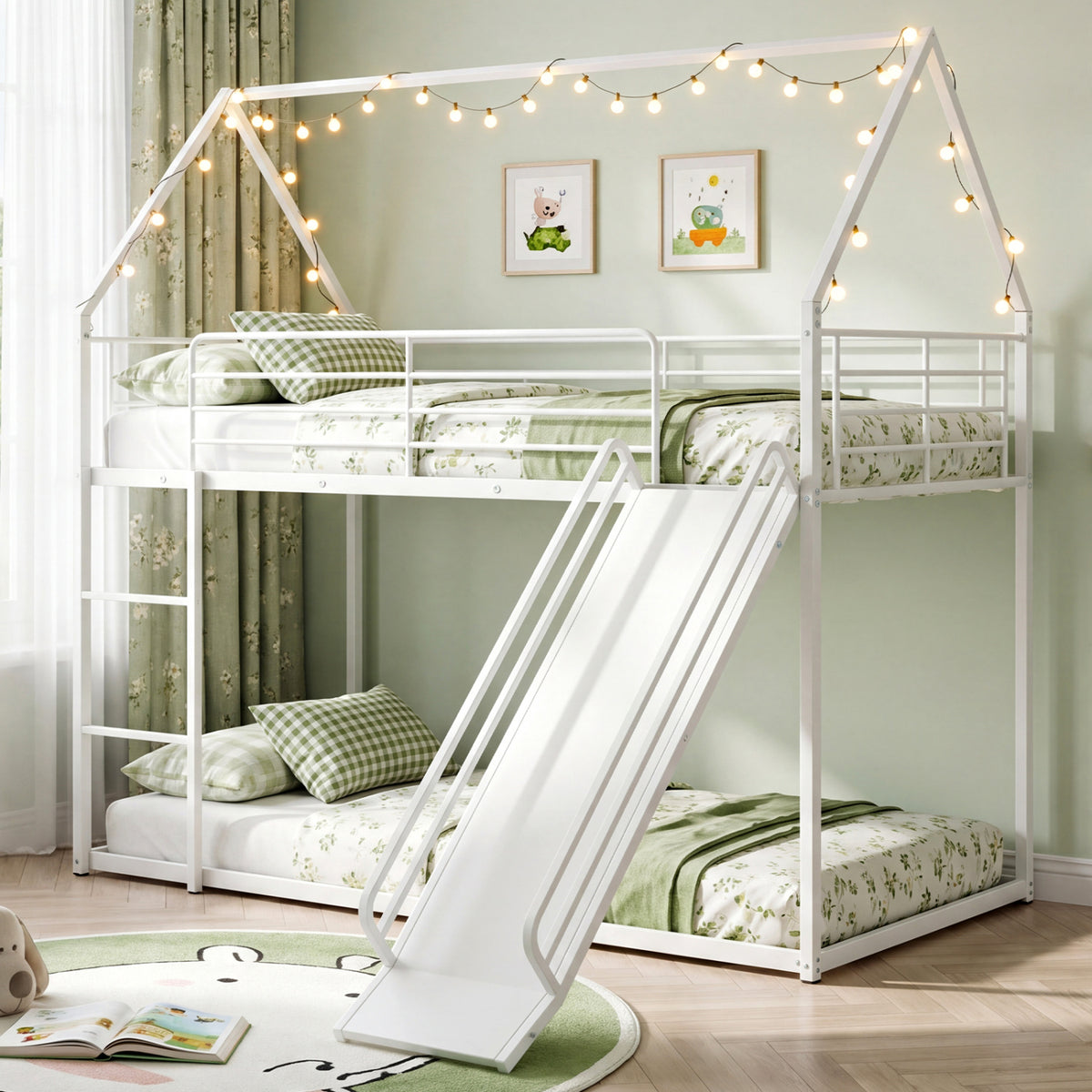 House-shaped Metal Twin Over Twin Low Bunk Bed-White view 2