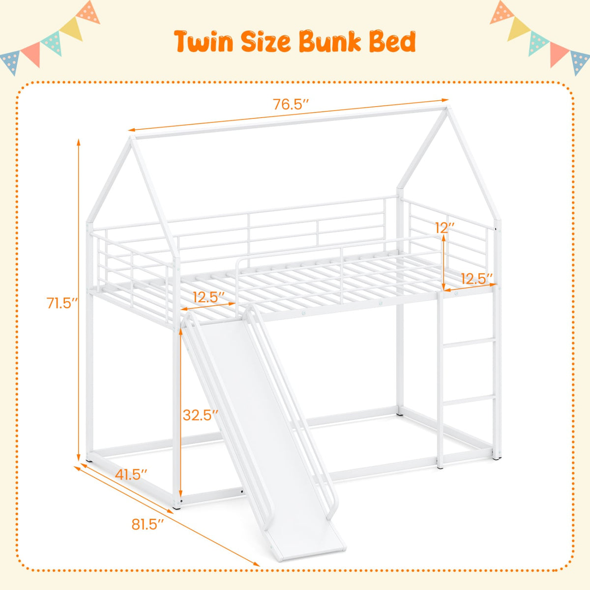 House-shaped Metal Twin Over Twin Low Bunk Bed-White view 4