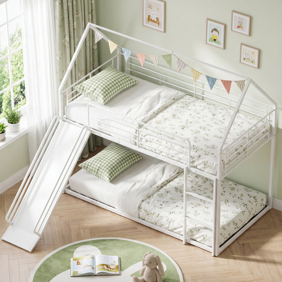House-shaped Metal Twin Over Twin Low Bunk Bed-White view 5