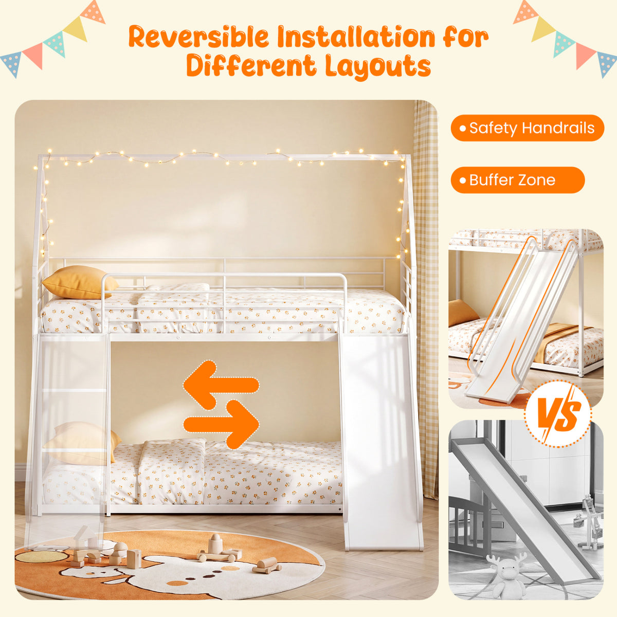 House-shaped Metal Twin Over Twin Low Bunk Bed-White view 7