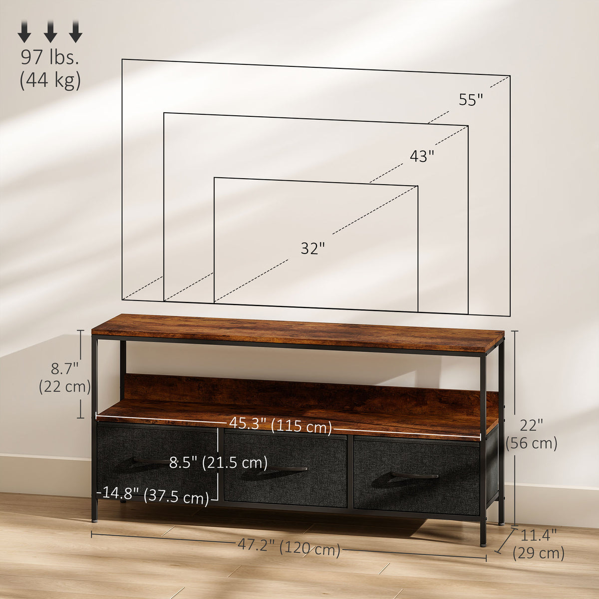 TV Stand with Charging Station, TV Table with 2 Foldable Linen Drawers and Open Shelf for 47 Inch – view 23