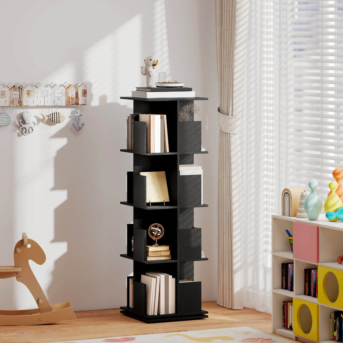 360° Rotating Bookcase with Anti-Tipping Straps, Anti-Slip Foot Pads, 4 Tier Bookshelf with 16 Cubbies for Books, Plants, Decorations, Black