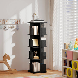 360° Rotating Bookcase with Anti-Tipping Straps, Anti-Slip Foot Pads, 4 Tier Bookshelf with 16 Cubbies for Books, Plants, Decorations, Black