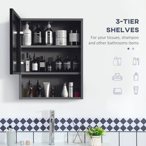 Bathroom Medicine Cabinet, Wall-Mounted Mirror Cabinet with Single Door, Storage Shelves and Stainless Steel Frame for Laundry Room, Black