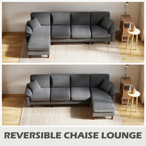 L-Shape Sofa, Modern Sectional Couch with Changeable Chaise Lounge, Pillows and Wooden Legs for Living Room, Dark Grey