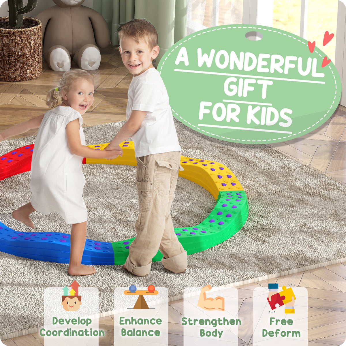 Qaba 8PCs Kids Balance Beam Stepping Stones w/ Non-slip Foot Pads