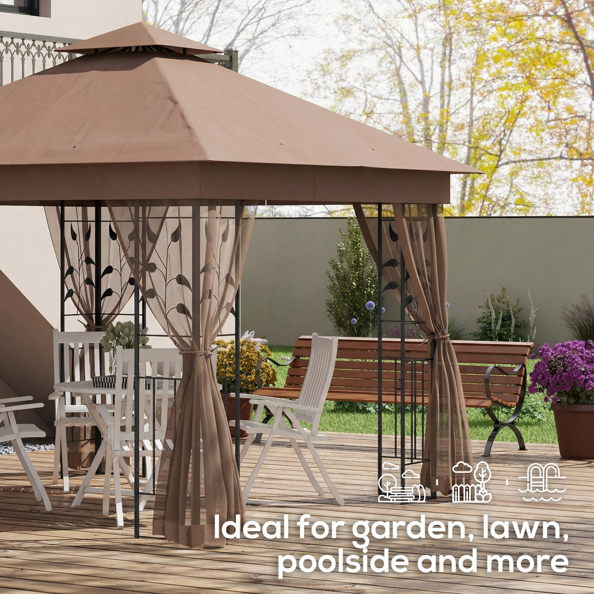 10'x10' Soft-top Steel Patio Gazebo Outdoor Sun Shelter with 2-Tier Polyester Roof, Curtain Sidewalls, Beige – view 34