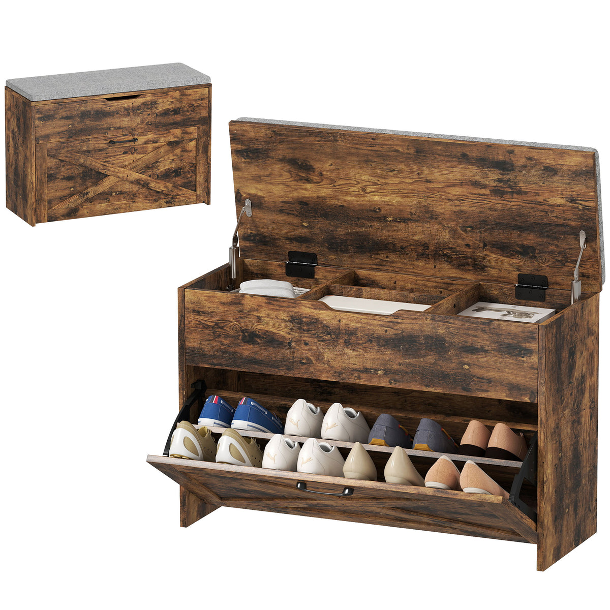 Shoe Storage Bench with Flip Drawer and Lift Top Storage, Entryway Bench with Seat Cushion for Hallway – view 8