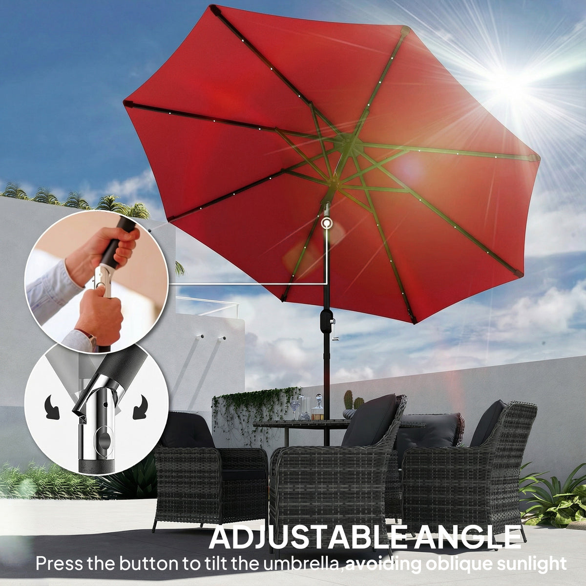 9ft Solar Patio Umbrella Outdoor Sunshade 24 LED Lights Tilt Canopy Wine Red – view 4
