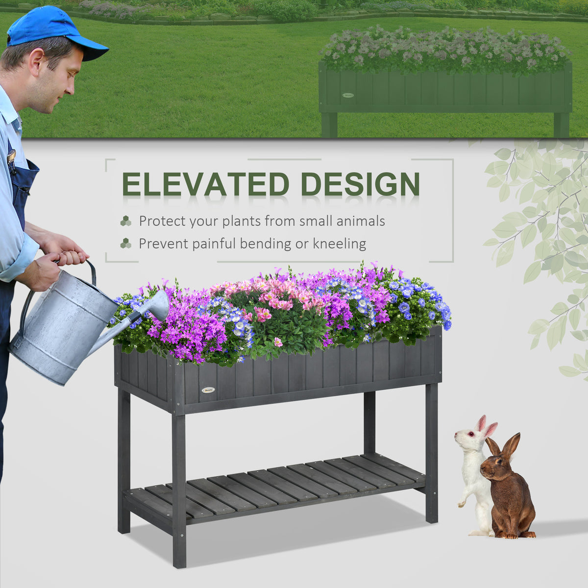 43.25" x 18" x 30" Raised Garden Bed, Wooden Plant Stand with 8 Grid Box, Storage Shelf for Outdoor, Natural Wood Colour